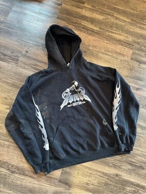 Vintage Bones Custom Motorcycles Thrashed Paint Skull Black Hoodie Sleeve LogoXL